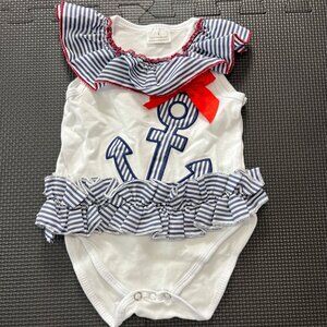 Nautical Baby Girls Ruffled Romper With Anchor Design & Red Bow Size S Cotton Bl